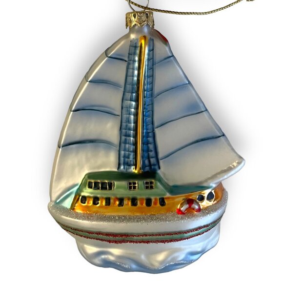 Blown Glass Noel Sailboat Christmas Ornament Vintage - Picture 2 of 4